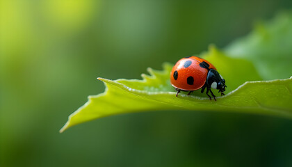 Ladybug resting on the edge of a green leaf in sunlight
