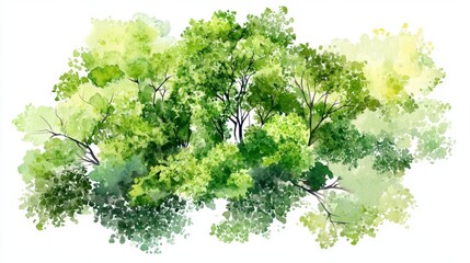 Watercolor of Blooming Tree Top View Isolated on White Background for Landscape Plan and Architecture Drawing