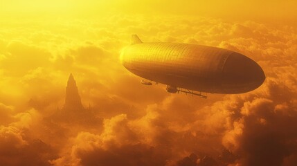 Naklejka premium 139. A glowing zeppelin flying through an ethereal golden sky at dawn