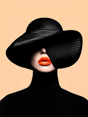 Woman with vibrant orange lips wearing a black avant-garde hat against a peach background