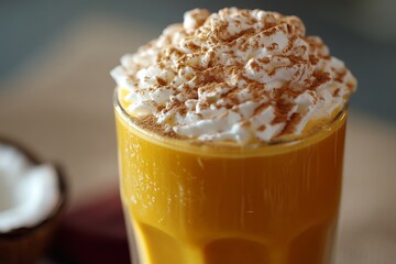 A creamy coconut pumpkin latte with a smooth pumpkin spice base and whipped coconut cream.