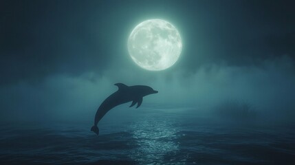Fototapeta premium 143. A glowing dolphin jumping out of an ethereal ocean lit by the full moon