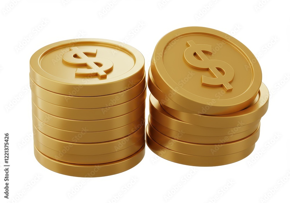 Poster a 3d rendering of two stacks of shiny gold coins with dollar symbols embossed on the top surface of 