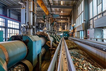 A long conveyor belt carries crushed glass through a large industrial recycling facility. Heavy machinery processes the material. The plant is clean and wellmaintained.