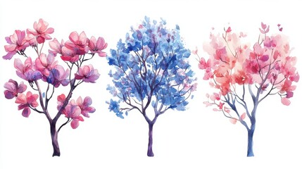 Fototapeta premium Watercolor Blooming Flower Tree Side View for Landscape and Architecture