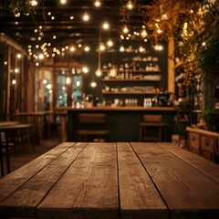 A cozy wooden table inside a rustic café with a warm, inviting atmosphere, accentuated by ambient string lights and a well-stocked bar in the background.