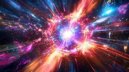 Obraz premium Abstract cosmic explosion with bright light and colorful streaks in the dark outer space