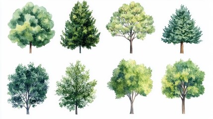 Watercolor Green Tree Top View for Outdoor Plan or Map and Architecture Drawing