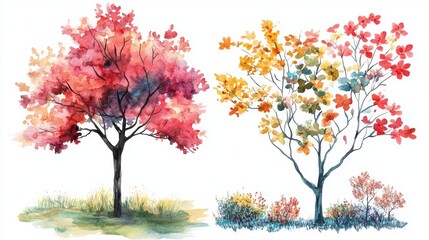 Watercolor Blooming Flower Tree Side View for Landscape and Architecture Drawing