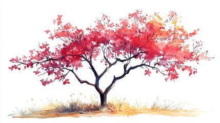 Fototapeta premium Watercolor Blooming Flower Tree Side View for Landscape and Architecture Drawing