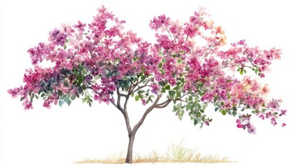 Fototapeta premium Watercolor Blooming Flower Tree Side View for Landscape and Architecture Drawing Elements