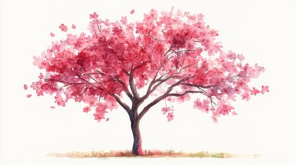 Fototapeta premium Watercolor Blooming Flower Tree Side View for Landscape and Architecture Drawing