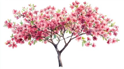 Watercolor Blooming Flower Tree Side View for Landscape and Architecture Drawing