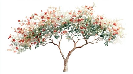 Obraz premium Watercolor Blooming Flower Tree Side View for Landscape and Architecture Drawing
