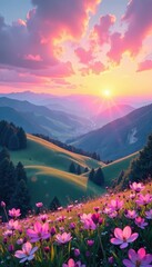 Pastel colored sunrise over rolling hills, delicate blossoms dotting foreground, landscape, image, hills
