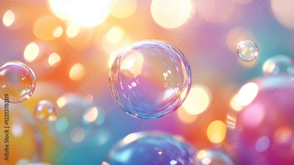 Poster rainbow bubbles float in a soft bokeh background