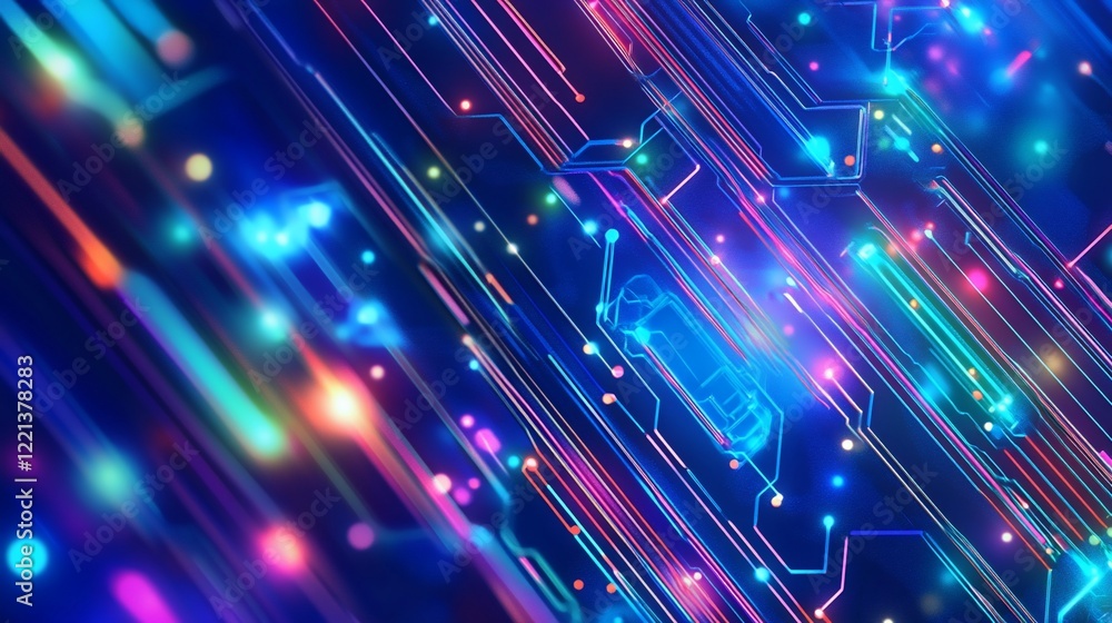 Poster abstract futuristic circuit board design with vibrant light trails and glowing points