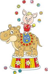 Little piglet juggling with small balls on a funny hippopotamus in an amusing acrobatic circus performance, vector cartoon illustration on a white background