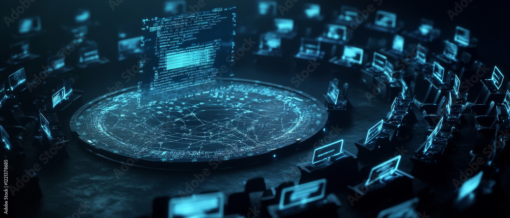 Aufkleber futuristic digital network with glowing screens and data visualization