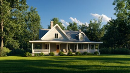 Obraz premium Charming country house with a porch surrounded by lush green trees under a blue sky