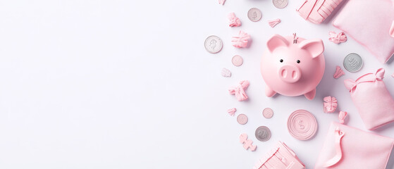 pink piggy bank surrounded by coins and small bags, symbolizing savings and finance