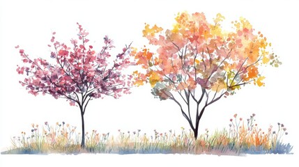 Watercolor Blooming Flower Tree Side View for Landscape and Architecture Drawing