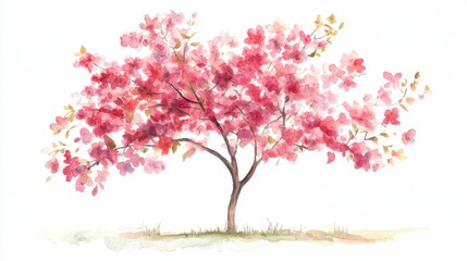 Watercolor Blooming Flower Tree Side View for Landscape and Architecture Drawing