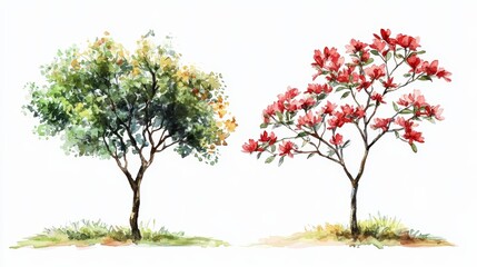 Obraz premium Watercolor Blooming Flower Tree Side View for Landscape and Architecture Drawing