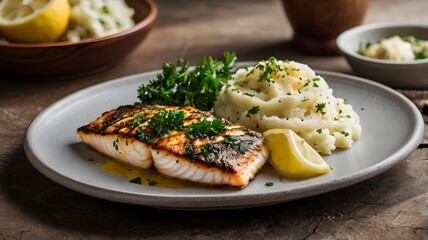 A beautifully plated assortment of grilled fish fillets, garnished with parsley, lemon wedges, and a side of mashed potatoes.