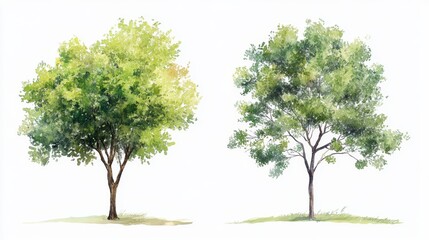 Vector Watercolor Green Tree or Forest Side View Isolated on White Background for Landscape and Architecture Drawing