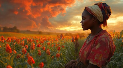 A rural scene of women working together to build a community project, with vibrant skies and greenery