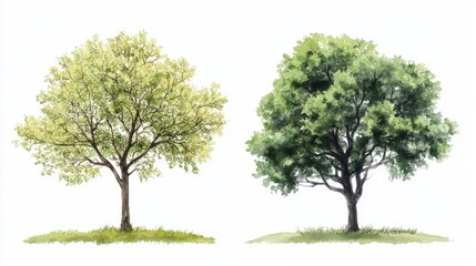 Obraz premium Vector Watercolor Green Tree or Forest Side View Isolated on White Background for Landscape and Architecture Drawing