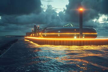 A futuristic offshore energy plant, illuminated at dusk, sits on a seawall in stormy waters. Its sleek, metallic design incorporates large tanks and tall structures. The scene evokes a sense of advanc