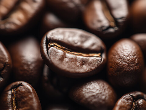 A close-up shot of freshly roasted coffee beans, showcasing their deep brown color and glossy surface, isolated on a white background