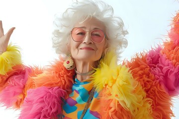 Joyful senior Asian woman wearing vibrant rainbow feather boa and colorful outfit expressing happiness and vitality against bright background, perfect for aging positively campaigns.