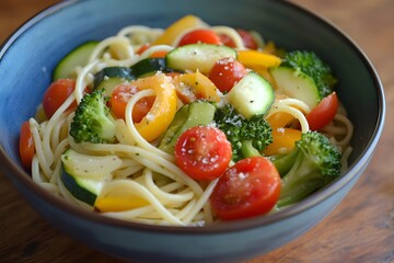 Close-up of pasta primavera with basil, Parmesan, and vegetables