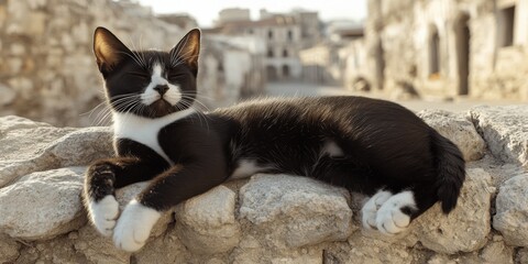 Relaxed Tuxedo Cat Resting on a Sunlit Stone Wall in Ancient Mediterranean Village with Historic Architecture and Rustic Charm