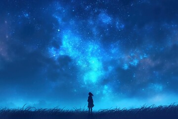 Fototapeta premium silhouette of girl gazing at blue galaxy with glittering celestial lights in quiet nocturnal scene copyspace concept for fantasy travel cosmic imagination