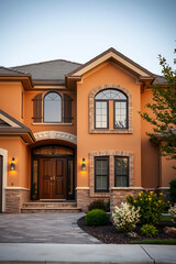 Obraz premium Luxury Dream Home: Modern Architectural Design, Stunning Exterior, and Landscaped Entrance