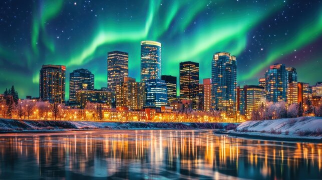Cityscape illuminated at night under aurora borealis