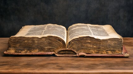 Obraz premium An old book with aged pages resting on a wooden table against dark background