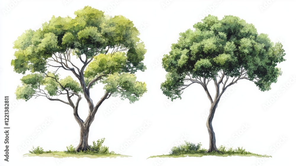 Poster vector watercolor green tree side view isolated on white background for landscape and architecture d
