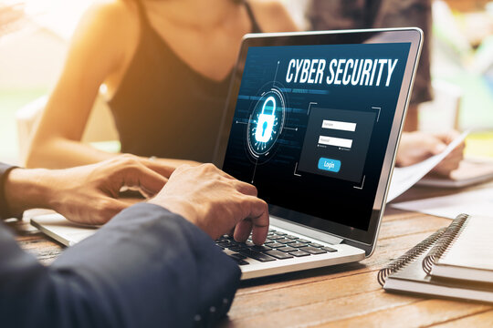 Cyber security system on computer screen protect private information snugly from hacker and cyber attack