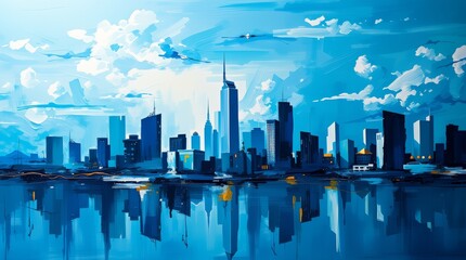 Blue Hues Cityscape Reflection Pixel Art City Skyline at Dawn