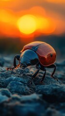 Stunning close up macro photograph of a vibrant beetle crawling on a rocky surface during a spectacular orange sunset  The insect s detailed shell legs