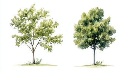 Watercolor Tree Side View Isolated on White Background for Landscape and Architecture Drawing