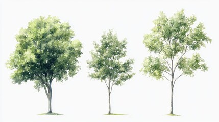 Obraz premium Watercolor Tree Side View Isolated on White Background for Landscape and Architecture Drawing
