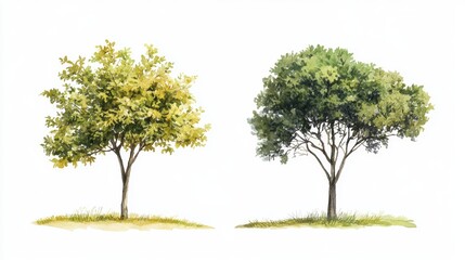 Watercolor Tree Side View Isolated on White Background for Landscape and Architecture Drawing