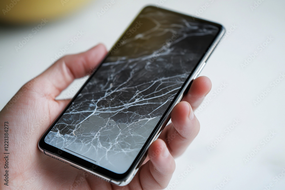 Poster modern smartphone held in hand showcasing sharp display and ergonomic design against a bright white 
