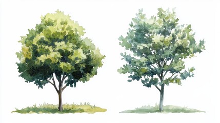 Obraz premium Watercolor Tree Side View Isolated on White Background for Landscape and Architecture Drawing